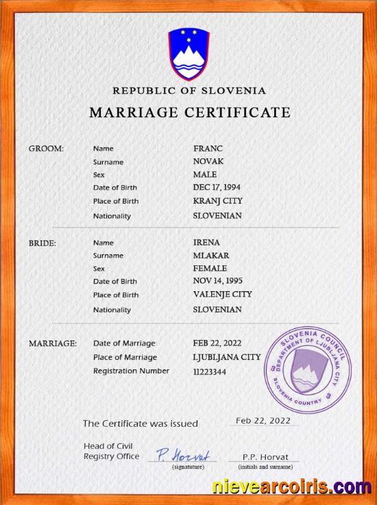 Slovenia marriage certificate